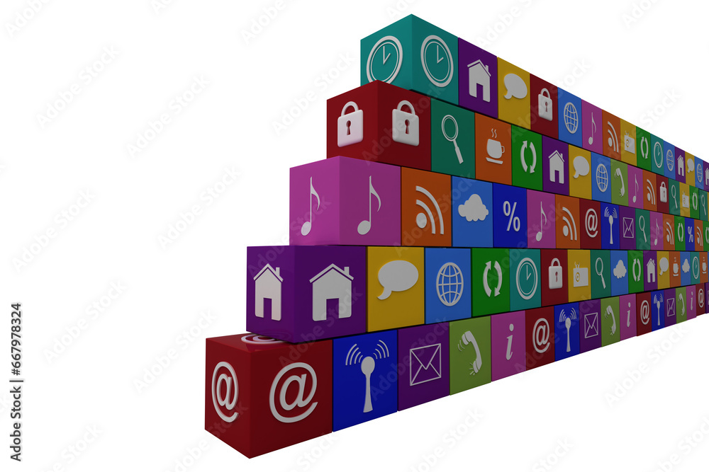 Digital png illustration of wall of colourful blocks with digital icons on transparent background Digital png illustration of wall of colourful blocks with digital icons on transparent background