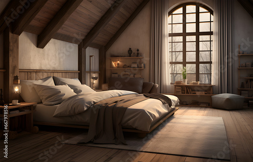 a modern bedroom with wooden floors ai generative © lemya