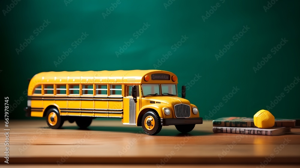 Yellow school bus model on the student table with chalkboard or blackboard background. Transportation and education concept. - obrazy, fototapety, plakaty 