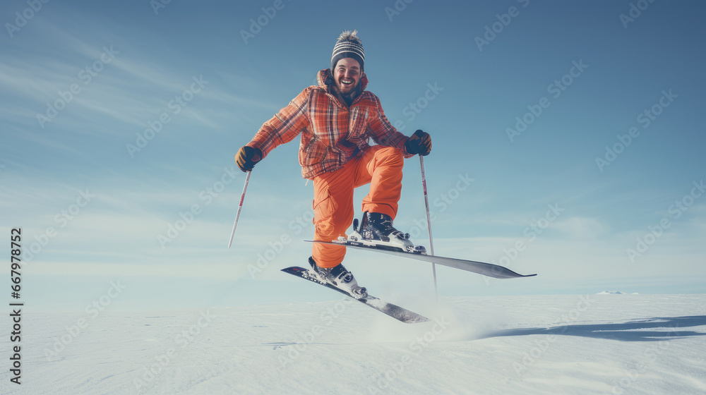 Active, extreme skier jumping at speed at a ski resort, during vacation and winter holidays.