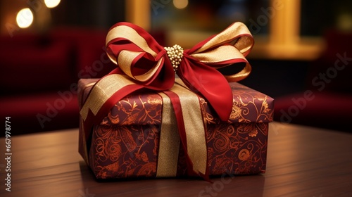 A beautifully wrapped gift with intricate patterns and a shiny bow.