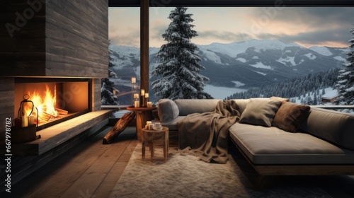 Cozy living room with panoramic window, fireplace with fire and view of winter mountains and forest at a ski resort and luxury hotel, during vacation and winter holidays.