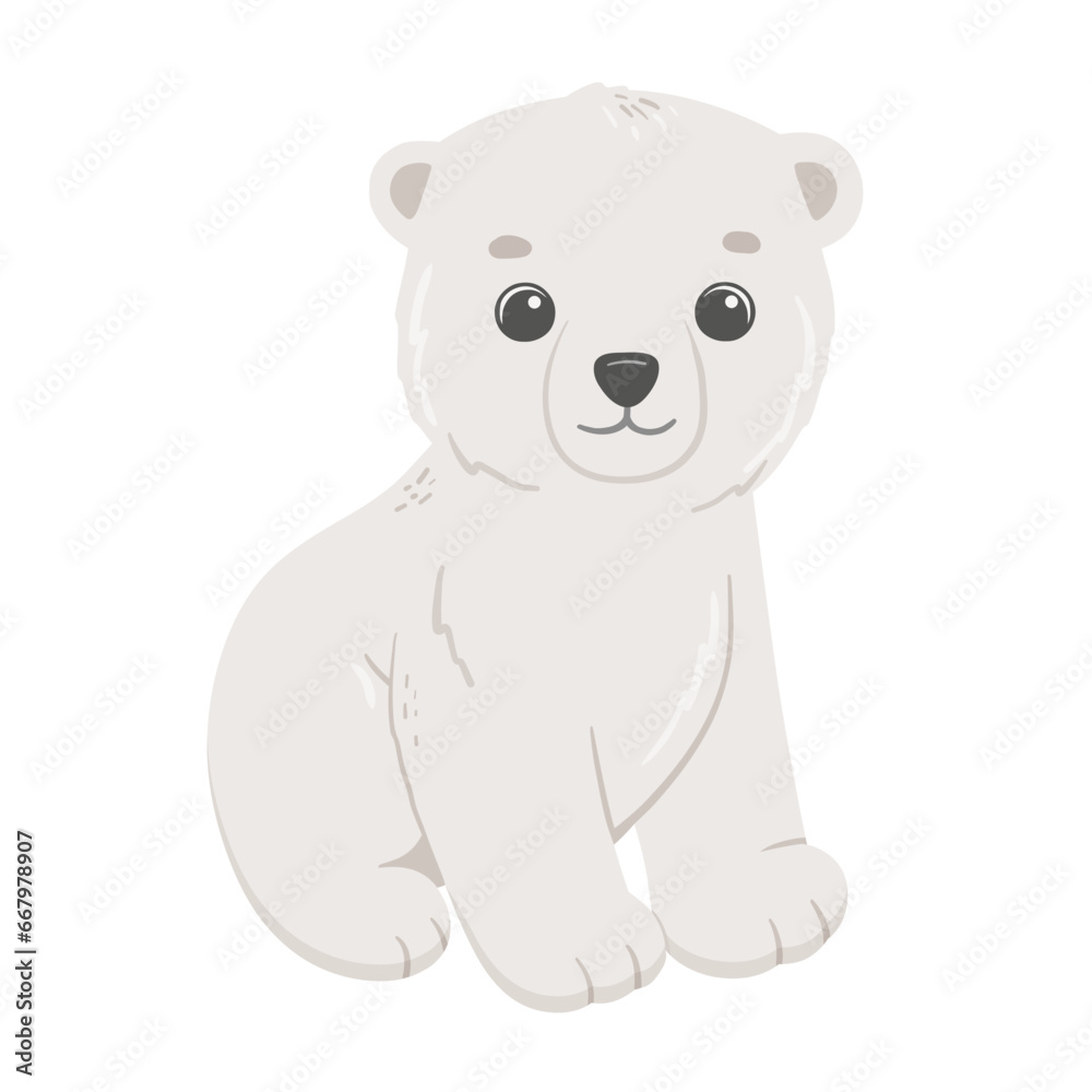 Cute baby bear. Vector cartoon hand drawn childish illustration for kids. Polar animal isolated on white Cute baby bear. Vector cartoon hand drawn childish illustration for kids. Polar animal isolated on white