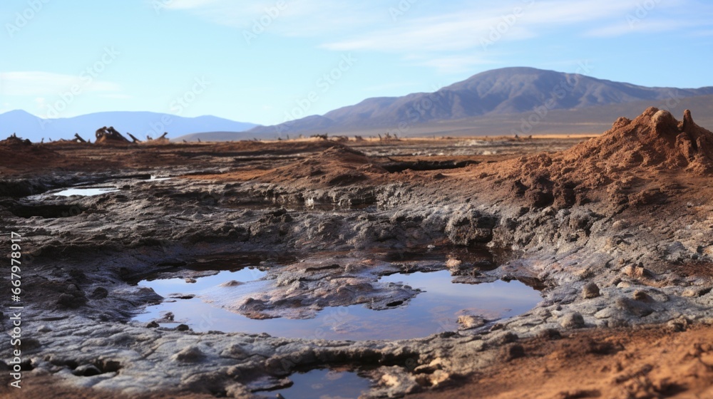 A bubbling mud pool, remnants of geothermal activity, in a rugged landscape.