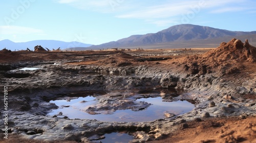A bubbling mud pool, remnants of geothermal activity, in a rugged landscape.