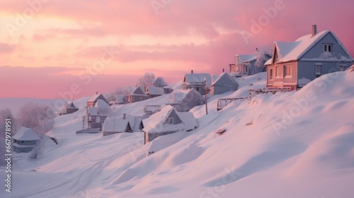 A small cozy, homely house in a village in the distance surrounded by a snow-covered landscape of beautiful nature in the middle of winter in pink sunshine. photo