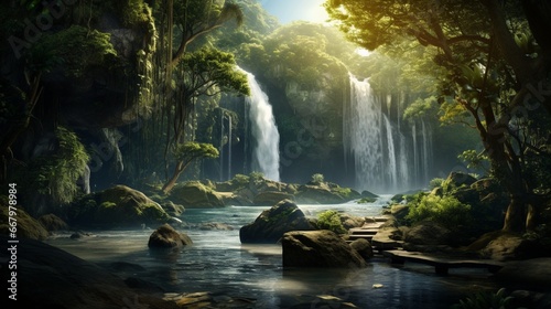 A cascading waterfall in a lush  emerald-green forest  the water shimmering in the sunlight.