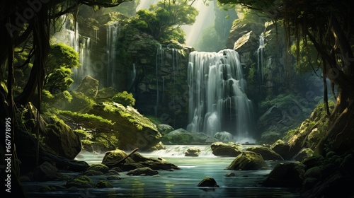 A cascading waterfall in a lush, emerald-green forest, the water shimmering in the sunlight.