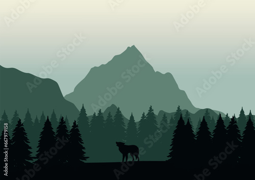 Wolf in pine forest and mountain. Vector illustration in flat style.