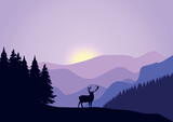 Deer in pine forest and mountains. Vector illustration in flat style.