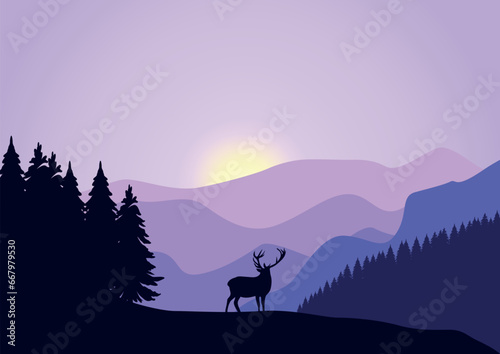 Deer in pine forest and mountains. Vector illustration in flat style. © Fajarhidayah11