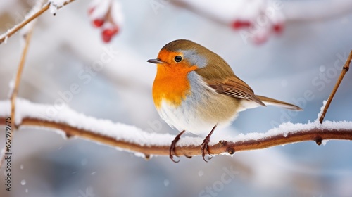 A close-up of a robin, its chest vibrant and red, perched on a snowy branch. © baloch