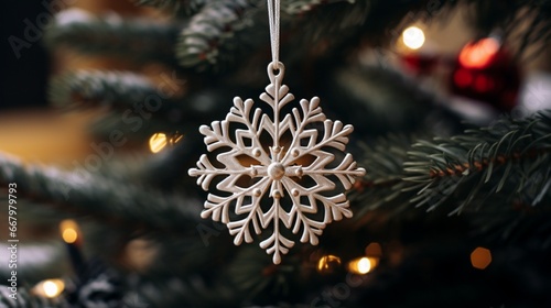 A close-up of a shimmering snowflake ornament hanging from a Christmas tree.