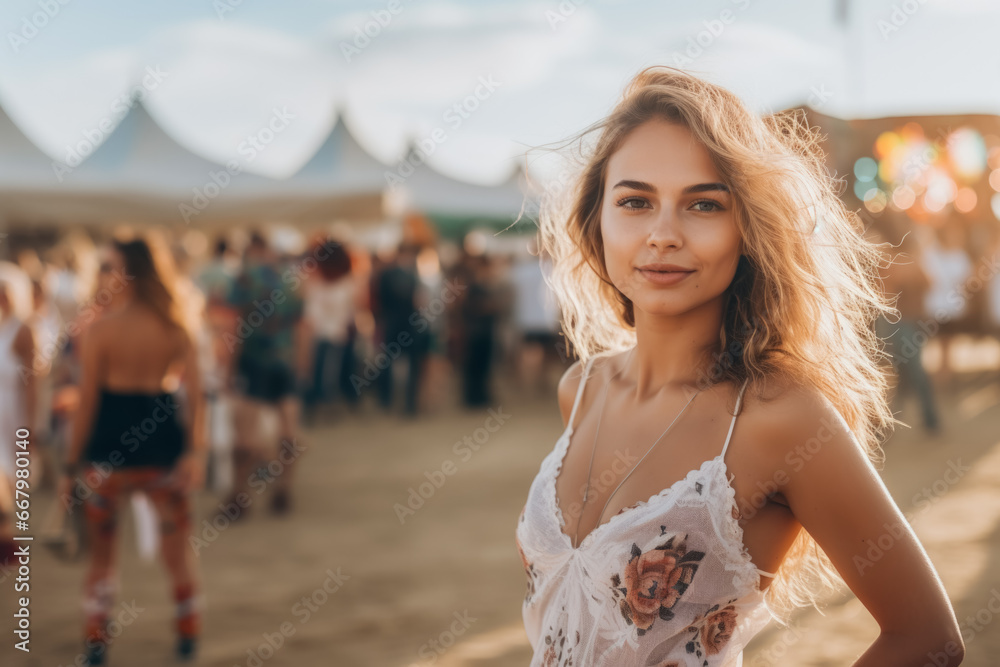 Beautiful young woman outside at an outdoor festival, concert, smiling Beautiful young woman outside at an outdoor festival, concert, smiling