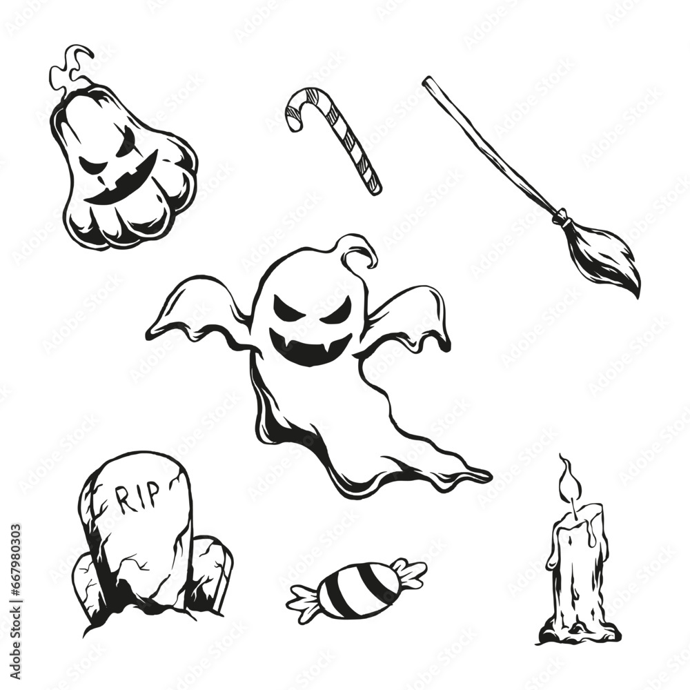 halloween doodle set silhouette vector