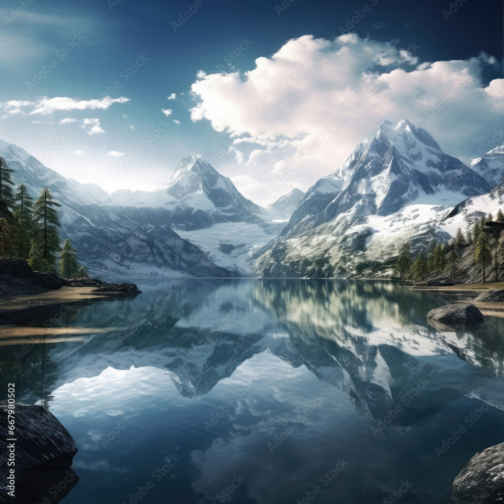Mountain landscape with snow-capped peaks, lake with reflection of mountains and forest