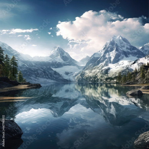 Mountain landscape with snow-capped peaks  lake with reflection of mountains and forest