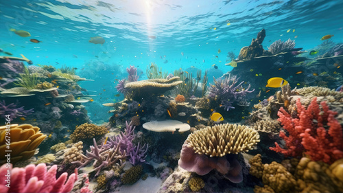 Underwater world of the sea and ocean depths. Corals and fish of various shapes and colors