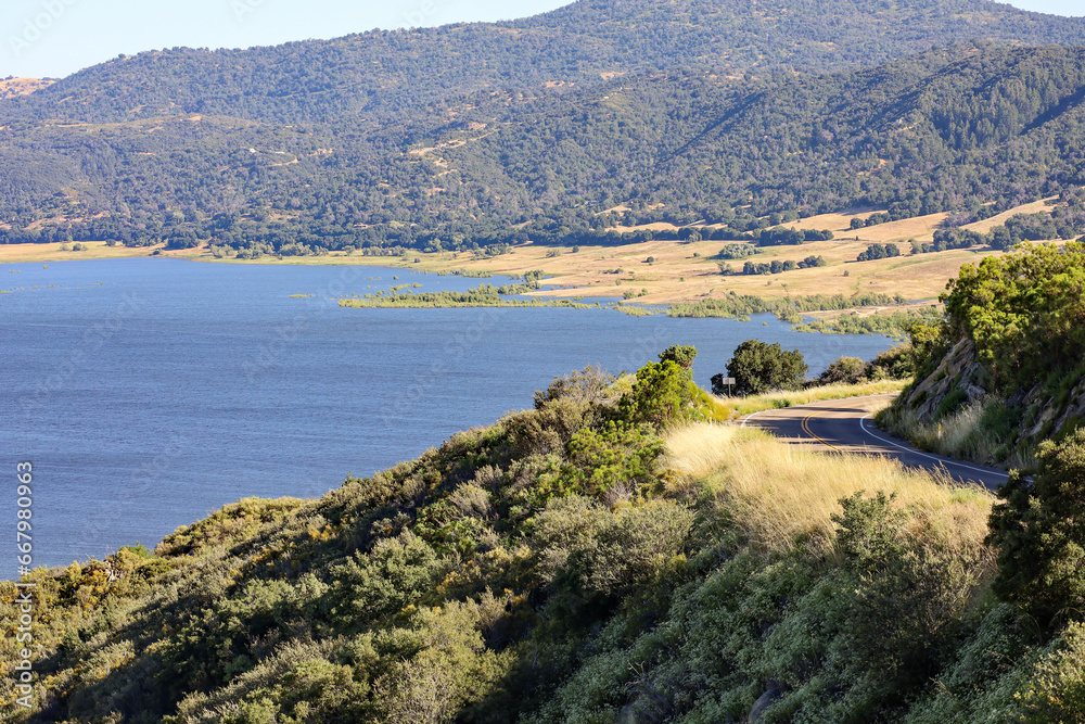 View of Lake Henshaw and part of the road on Highway 76 in Southern California.