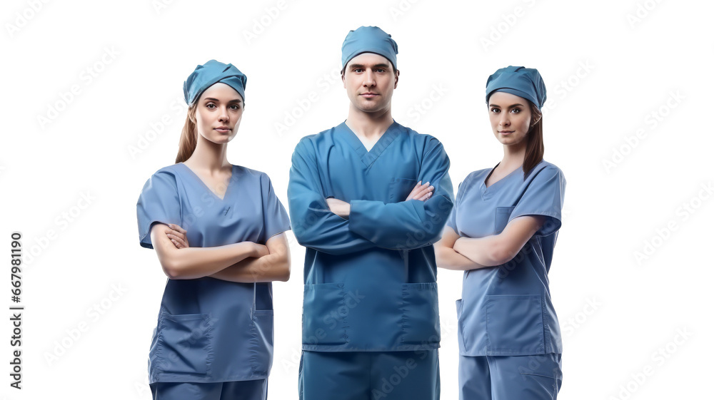 Asian Surgeons team, uniform, arms crossed, isolated on transparent background