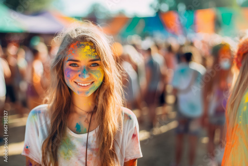 Beautiful girl smiling, at the festival of colors, with paint all over herself