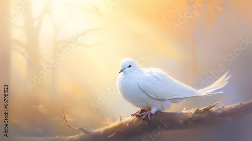 A delicate dove, its white feathers glistening in the soft glow of dawn.