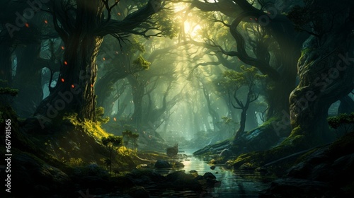A dense and mysterious forest  with sunlight filtering through the ancient trees.