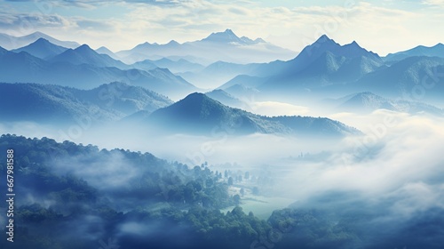 A dense mist rolling over mountains  their peaks just visible through the haze.