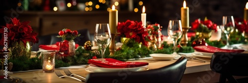 Beautiful festive table setting with candles and fir tree, panoramic photo