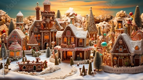 A festive gingerbread village, intricately decorated with candy and icing.