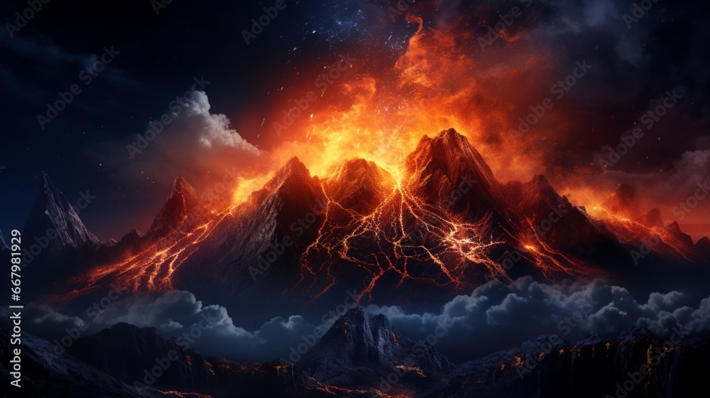 A fiery volcano erupting against a starlit night, magma glowing intensely.