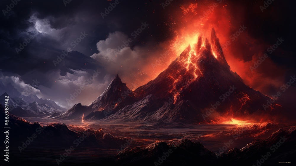 A fiery volcano erupting against a starlit night, magma glowing intensely.