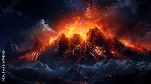 A fiery volcano erupting against a starlit night, magma glowing intensely.