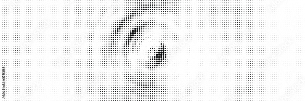 Black and white dotted halftone background.
