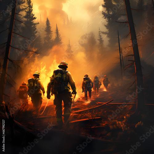 Fire fighter crew battling a forest fire 
