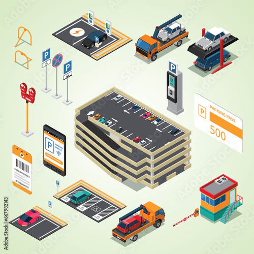 parking lots facilities isometric icons set with multilevel garage pass ticket tow truck isolated