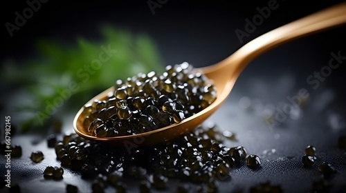 Black Caviar in a spoon on dark background. High quality real natural sturgeon black caviar close-up. Delicatessen. Texture of expensive luxury caviar. Food Backdrop photo