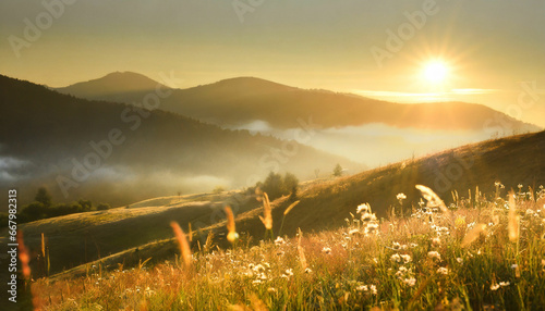Mountains Golden Sunrise and Meadow Beauty