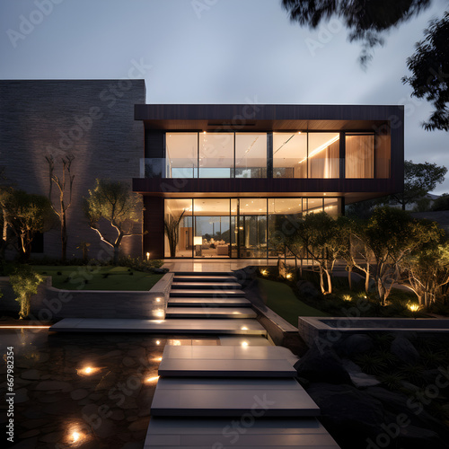 Exterior of modern spacious villa at night  © PixelHD
