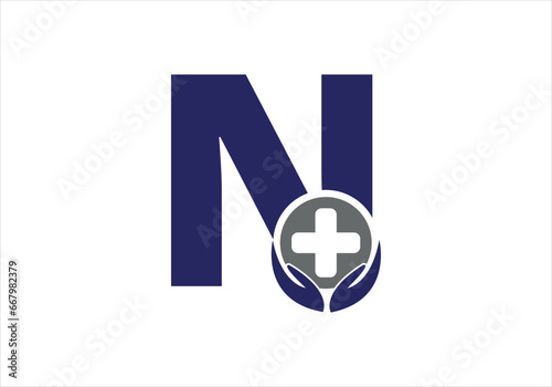 Letter N medical logo with typographic ECG heartbeat incorporated in the initial N letter vector