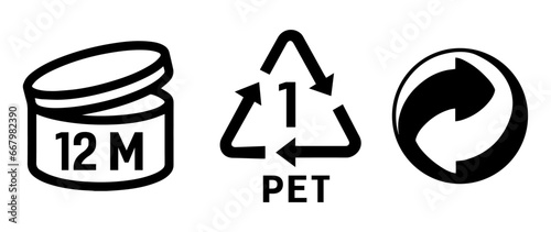 Period after opening symbol 12M and Plastic recycle symbol PET 1 icon, Green point symbol.  photo