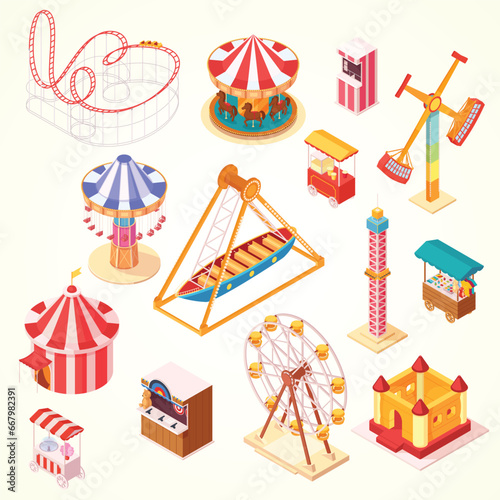amusement park attractions. carnival kids carousel, ferris wheel attraction and amusing fairground entertainments illustration