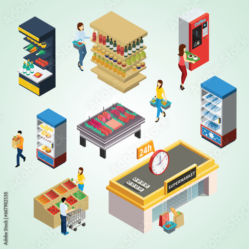 grocery store isometric flowchart supermarket set vector shop building cartoon with mini symbols isolated vector illustration shopping mall icons set