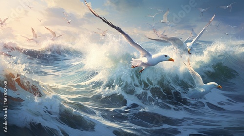 A group of seagulls swooping over ocean waves, their cries echoing.