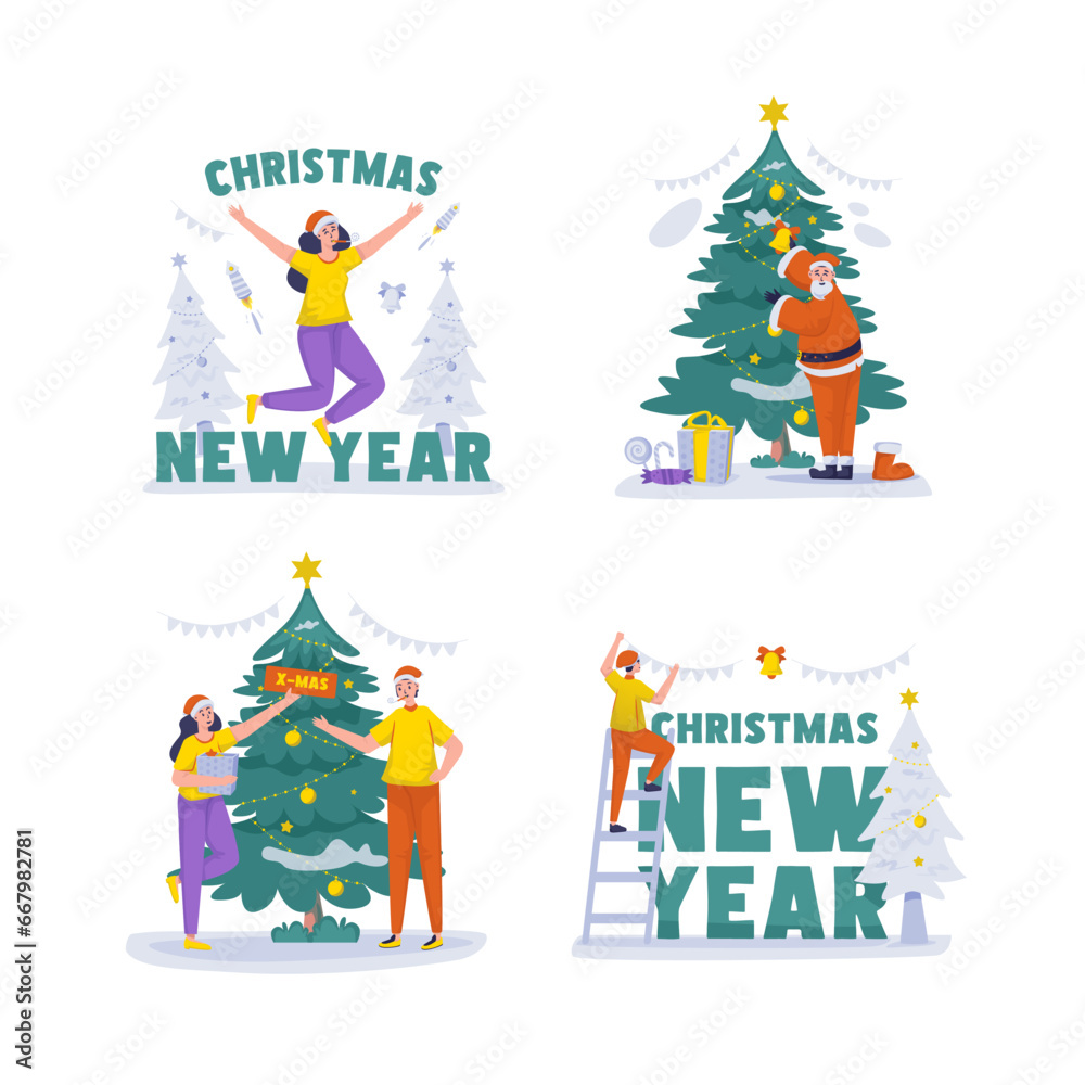 Merry Christmas and happy new year illustration set for greeting card