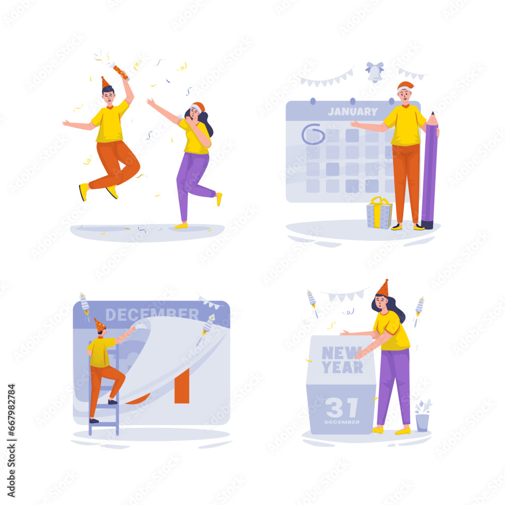 New year celebration with change the calendar date illustration set New year celebration with change the calendar date illustration set