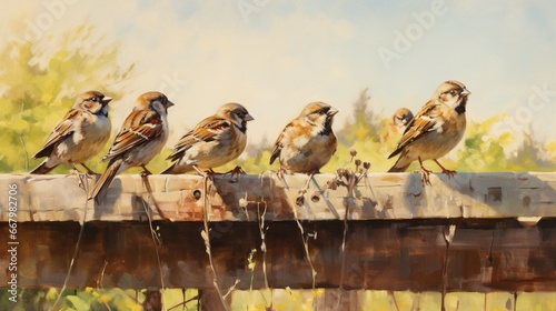 A group of sparrows gathered on a rustic wooden fence, socializing in the sun.