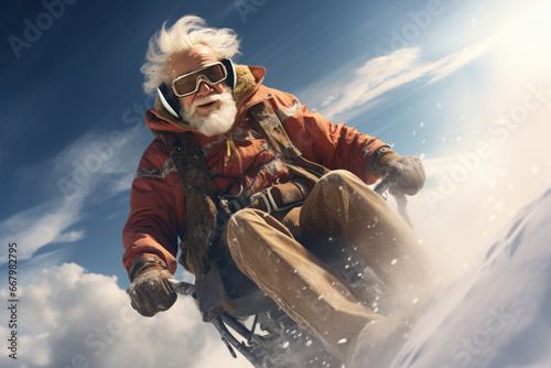Portrait of a delighted senior man with silver hair and a beard, descending a snow-covered mountain slope under the bright sun. The snow scatters around him against the backdrop of the clear blue sky photo