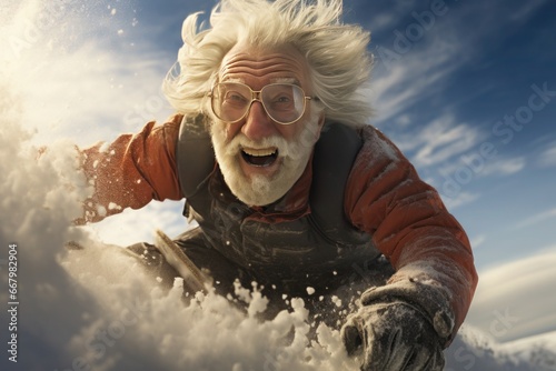 Happy senior with white hair and a beard, speeding down a snowy mountain slope on a sunny day. The sunlit snow spreads around him under the clear blue sky.