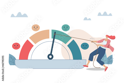 Problems with stress levels and work pressure, Rising tensions in the organization, Burnout symptoms and fatigue, Businesswoman is trying to relieve emotional stress at work. Vector illustration.